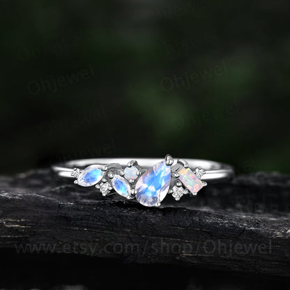 Pear moonstone ring vintage art deco Baguette opal ring rose gold cluster wedding band women moissanite ring dainty June brthstone ring gift
