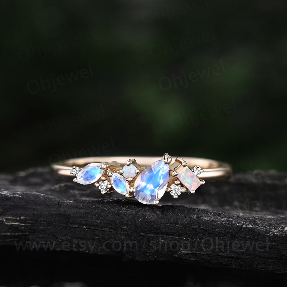 Pear moonstone ring vintage art deco Baguette opal ring rose gold cluster wedding band women moissanite ring dainty June brthstone ring gift