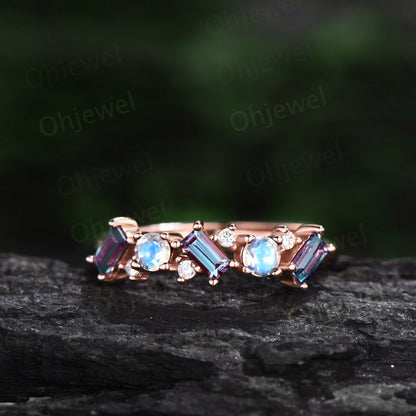 Baguette cut Alexandrite ring vintage cluster moonstone ring women rose gold moissanite wedding band June birthstone anniversary ring gift