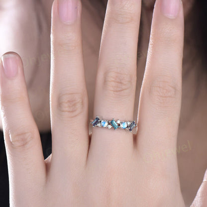 Baguette cut Alexandrite ring vintage cluster moonstone ring women rose gold moissanite wedding band June birthstone anniversary ring gift