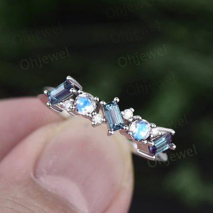 Baguette cut Alexandrite ring vintage cluster moonstone ring women rose gold moissanite wedding band June birthstone anniversary ring gift