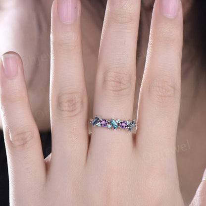 Baguette cut Alexandrite ring vintage cluster Amethyst ring women rose gold topaz wedding band gemstone unique bridal anniversary ring gift
