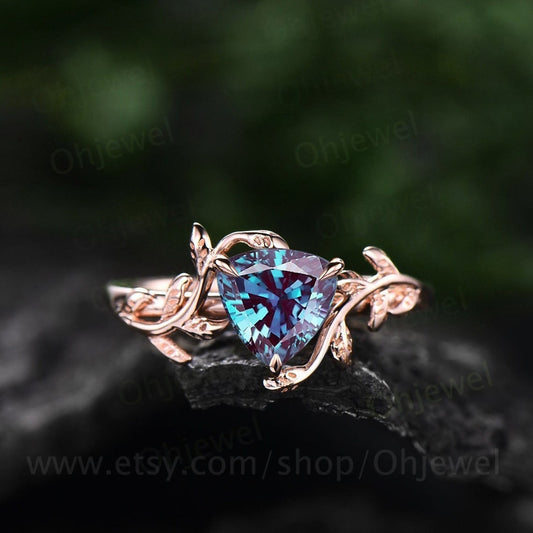 Vintage trilliant cut Alexandrite engagement ring leaf rose gold solitaire ring branches bridal ring women art deco unique promise ring her