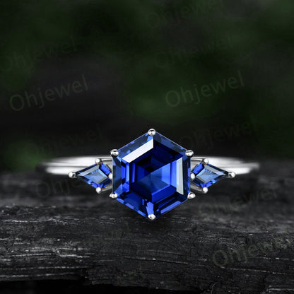 Vintage Hexagon sapphire engagement ring minimalist Three stone ring kite cut alexandrite ring gold women September birthstone bridal ring