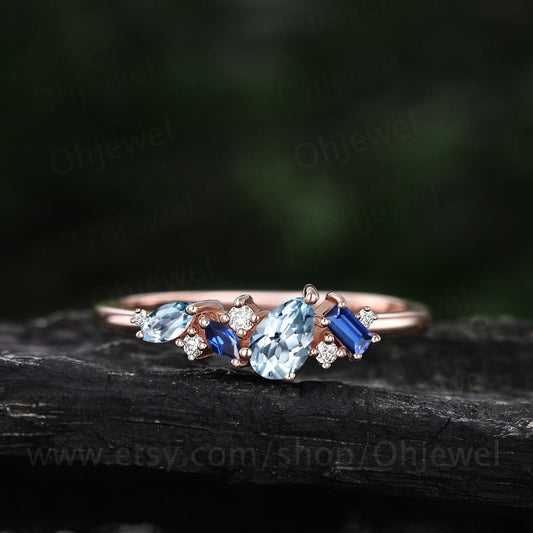 Dainty pear Aquamarine ring vintage art deco Baguette cut sapphire ring unique cluster wedding band rose gold moissanite anniversary gift