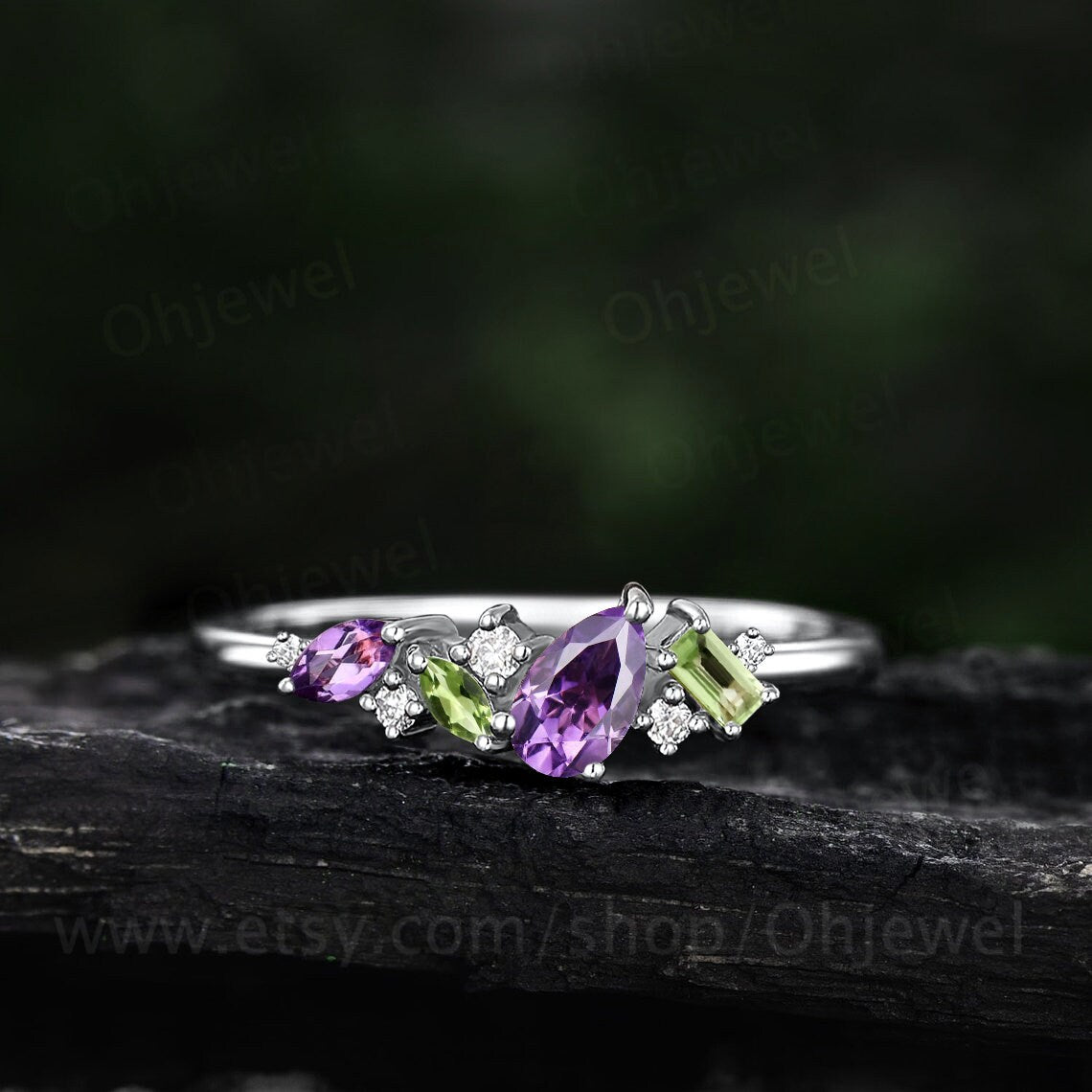 Dainty pear amethyst ring vintage art deco Baguette cut peridot ring 14k yellow gold unique cluster moissanite wedding band anniversary gift