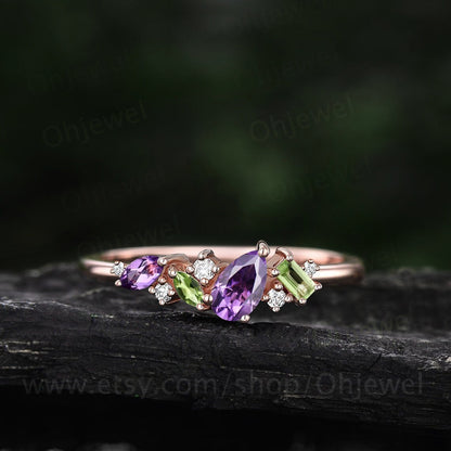 Dainty pear amethyst ring vintage art deco Baguette cut peridot ring 14k yellow gold unique cluster moissanite wedding band anniversary gift