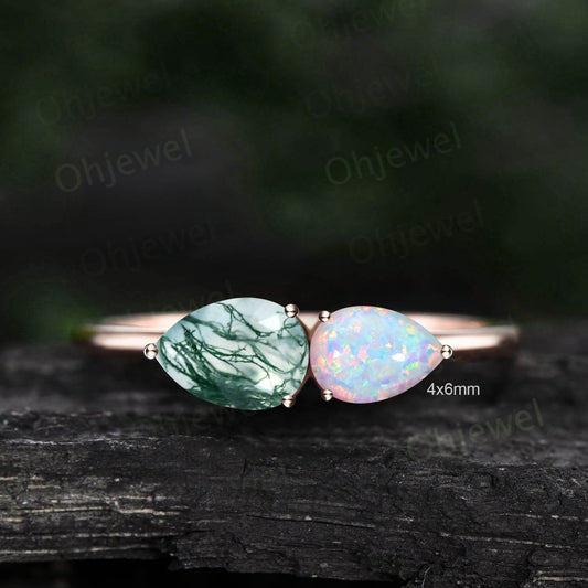 Vintage pear shaped moss agate opal engagement ring rose gold east to west ring dainty Minimalist two stone ring women bridal promise ring