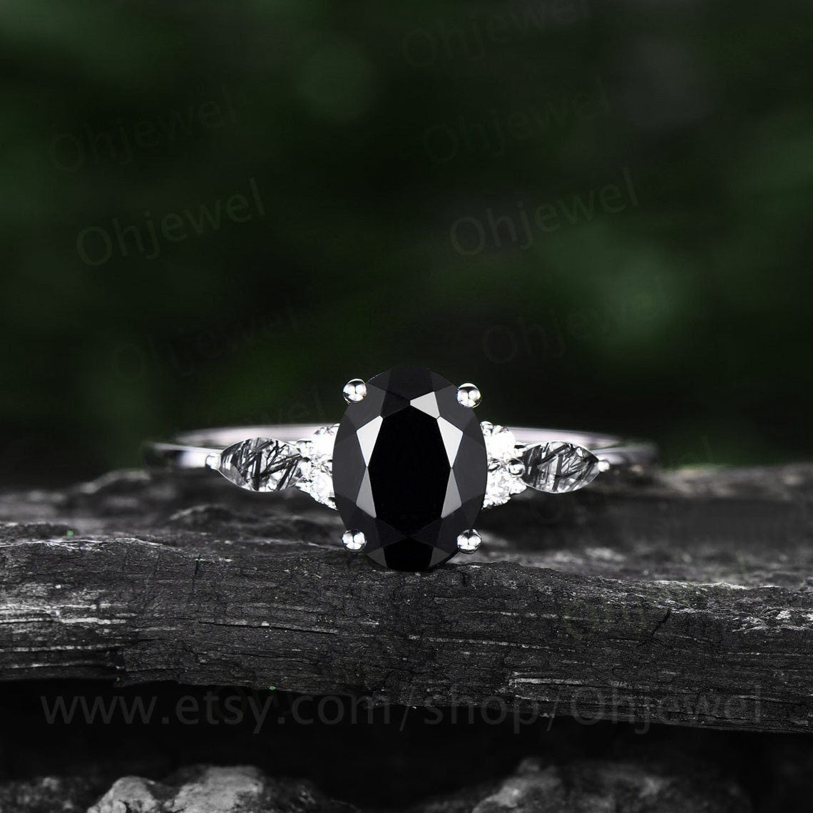Vintage oval Black Onyx engagement ring set rose gold marquise black rutilated quartz ring women moissanite promise wedding bridal ring set