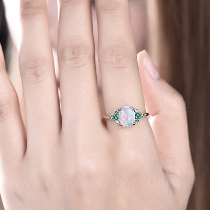 Vintage opal emerald engagement ring rose gold cluster snowdrift peridot topaz ring women gemstone ring unique bridal promise wedding ring