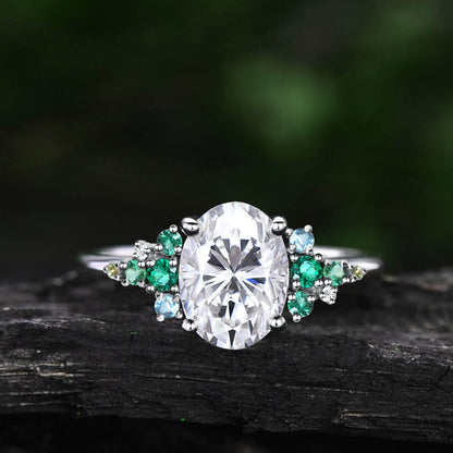 Vintage 2ct oval moissanite engagement ring cluster snowdrift peridot emerald ring women solid 14k rose gold unique bridal promise ring her