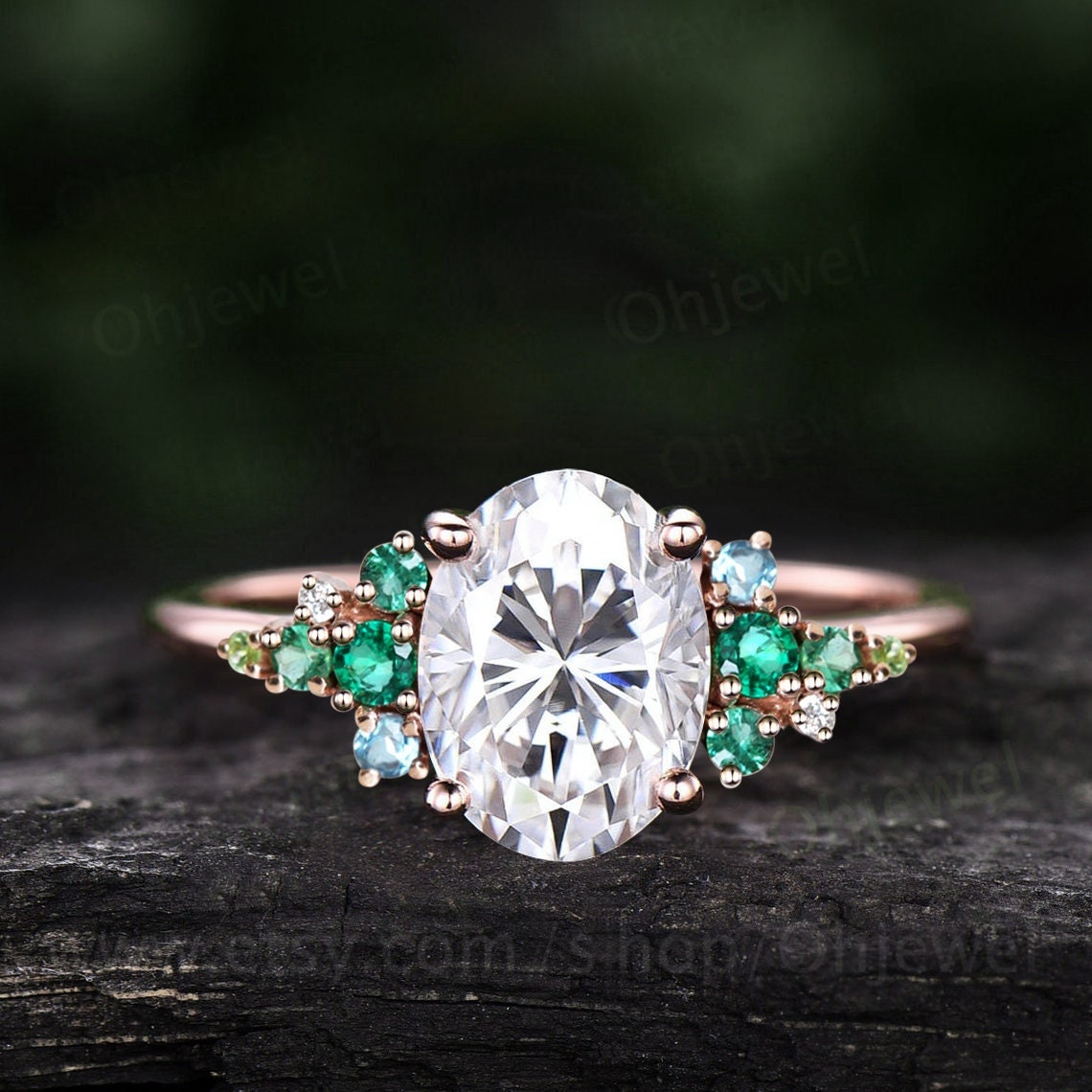 Vintage 2ct oval moissanite engagement ring cluster snowdrift peridot emerald ring women solid 14k rose gold unique bridal promise ring her