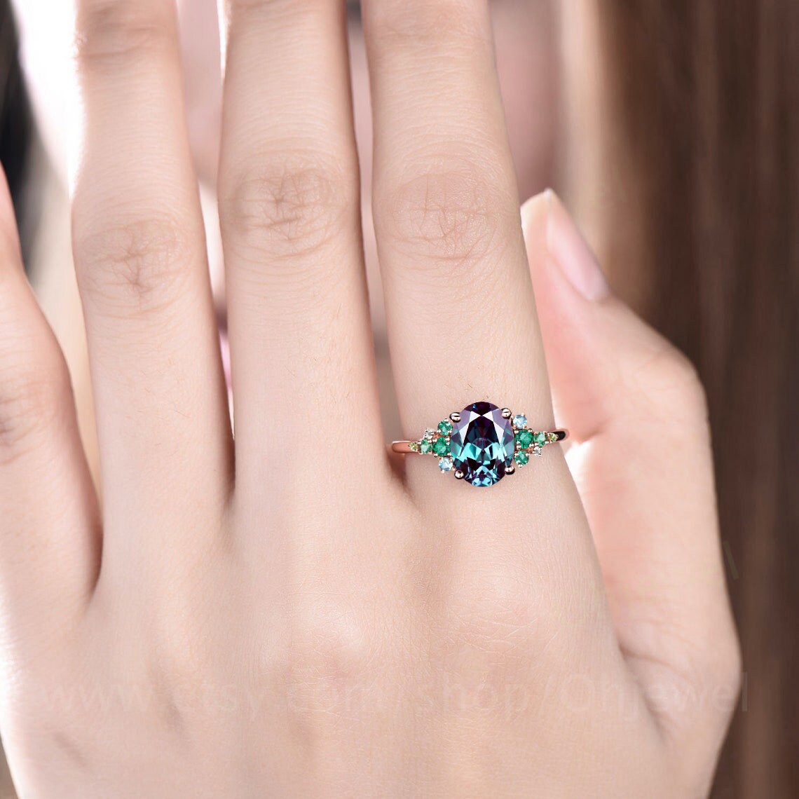 Vintage Alexandrite emerald engagement ring rose gold cluster snowdrift peridot topaz ring women gemstone ring unique bridal wedding ring