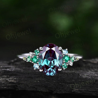 Vintage Alexandrite emerald engagement ring rose gold cluster snowdrift peridot topaz ring women gemstone ring unique bridal wedding ring