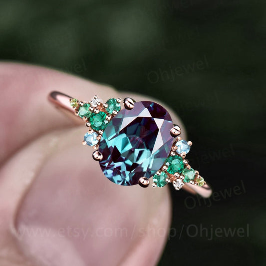 Vintage Alexandrite emerald engagement ring rose gold cluster snowdrift peridot topaz ring women gemstone ring unique bridal wedding ring