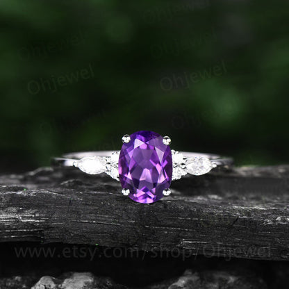 Vintage oval cut purple amethyst engagement ring set rose gold marquise moissanite ring women gemstone  unique wedding bridal ring set gift