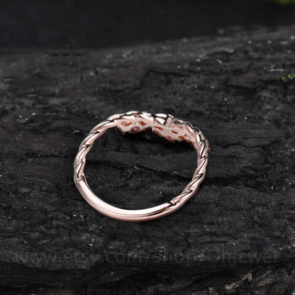Curved diamond wedding band solid 14k rose gold chevron four stone moon ring Celtic knot eternity stacking Twisted wedding ring band women