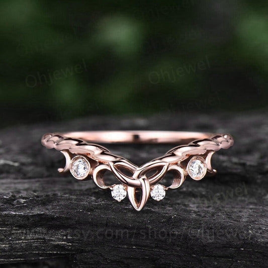 Curved diamond wedding band solid 14k rose gold chevron four stone moon ring Celtic knot eternity stacking Twisted wedding ring band women
