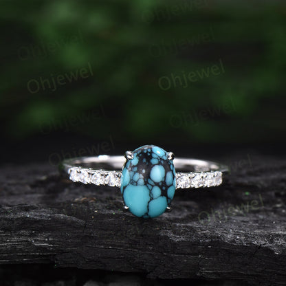 Oval natural Turquoise ring vintage Turquoise engagement ring white gold moissanite ring black spinel rose gold ring bridal ring set women