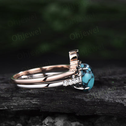 Oval natural Turquoise ring vintage Turquoise engagement ring white gold moissanite ring black spinel rose gold ring bridal ring set women