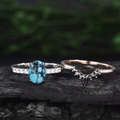 Oval natural Turquoise ring vintage Turquoise engagement ring white gold moissanite ring black spinel rose gold ring bridal ring set women