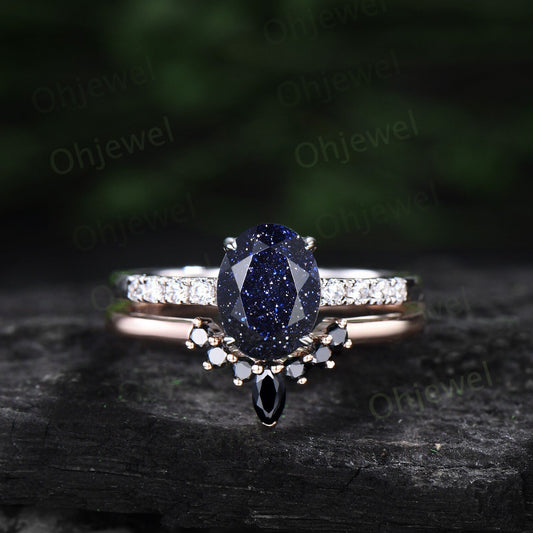 Vintage oval cut blue sandstone engagement ring solid 14k white gold unique bridal set moissanite ring women stacking anniversary ring gift