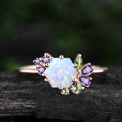 Vintage hexagon white opal engagement ring rose gold cluster peridot amethyst ring women dainty 6 prong birthstone anniversary ring gift