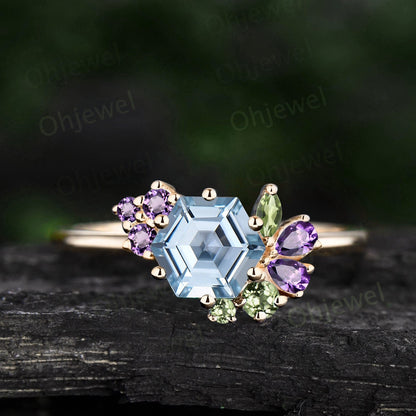 Unique hexagon cut aquamarine ring cluster engagement ring 14k rose gold women gift peridot amethyst ring March birthstone ring fine jewelry