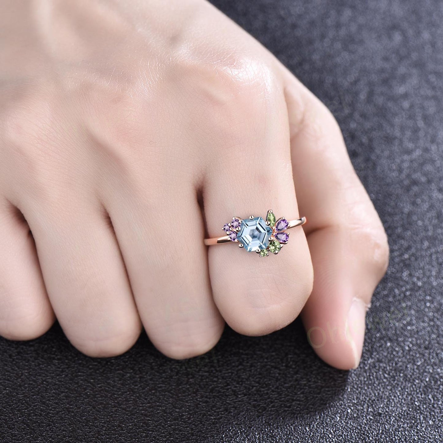 Unique hexagon cut aquamarine ring cluster engagement ring 14k rose gold women gift peridot amethyst ring March birthstone ring fine jewelry