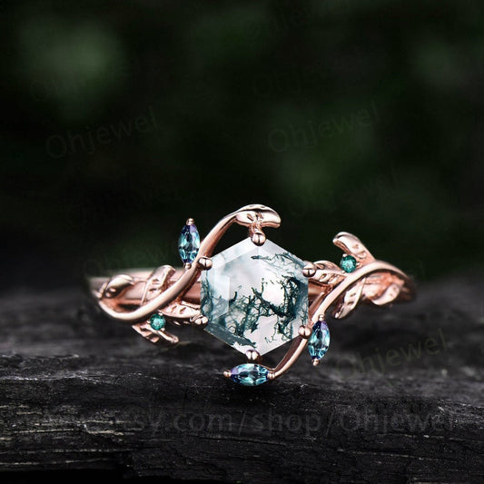 Vintage Hexagon cut moss agate engagement ring nature inspired alexandrite ring women leaf emerald ring rose gold branch wedding ring gift