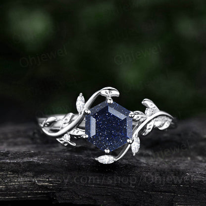 Hexagon cut blue sandstone ring vintage moonstone ring leaf rose gold ring twig nature inspired engagement ring women branch art deco ring