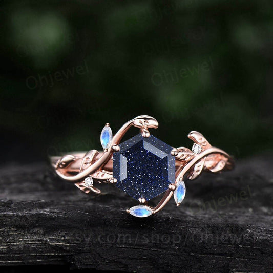 Hexagon cut blue sandstone ring vintage moonstone ring leaf rose gold ring twig nature inspired engagement ring women branch art deco ring