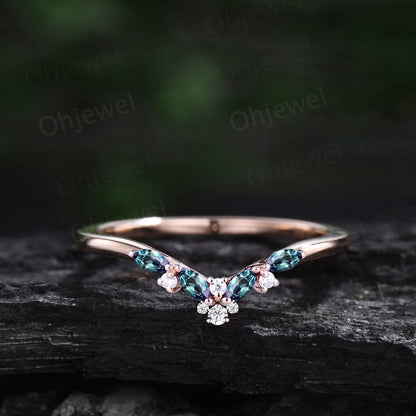 Oval cut green moss agate ring rose gold art deco unique engagement ring women curved alexandrite wedding ring band dainty moissanite ring