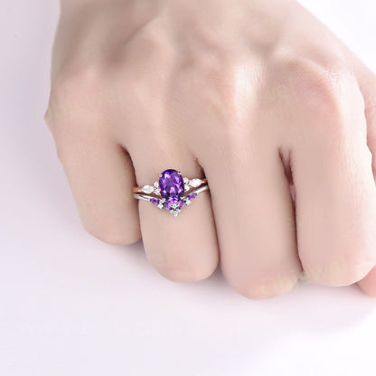 Vintage oval cut purple amethyst engagement ring set rose gold marquise moissanite ring women gemstone  unique wedding bridal ring set gift