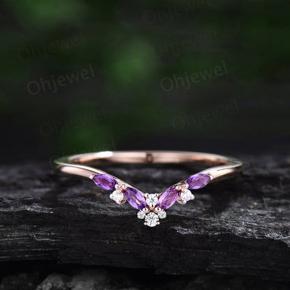 Vintage oval cut purple amethyst engagement ring set rose gold marquise moissanite ring women gemstone  unique wedding bridal ring set gift