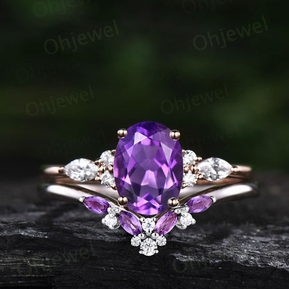 Vintage oval cut purple amethyst engagement ring set rose gold marquise moissanite ring women gemstone  unique wedding bridal ring set gift