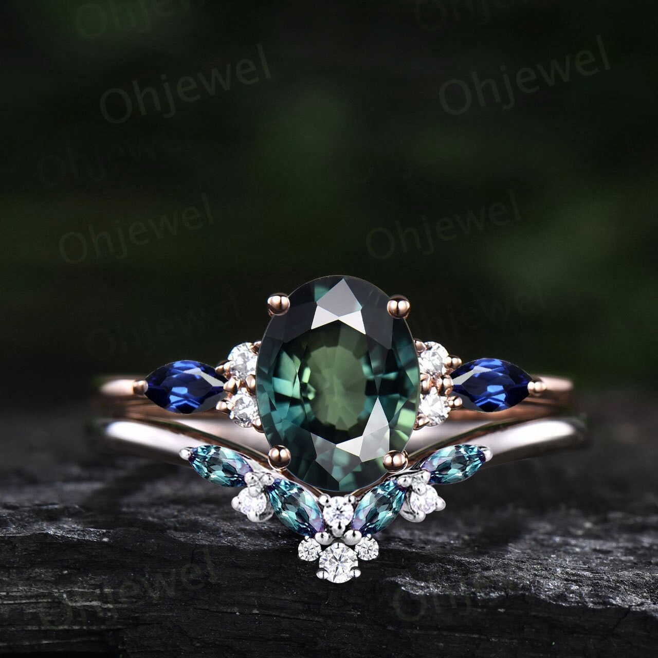 Oval natural green sapphire ring vintage teal sapphire engagement ring art deco rose gold cluster alexandrite ring wedding ring set women