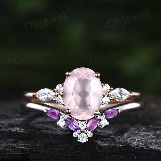 Oval rose quartz ring vintage amethyst ring unique engagement ring art deco crystal ring rose gold cluster moissanite bridal ring set women