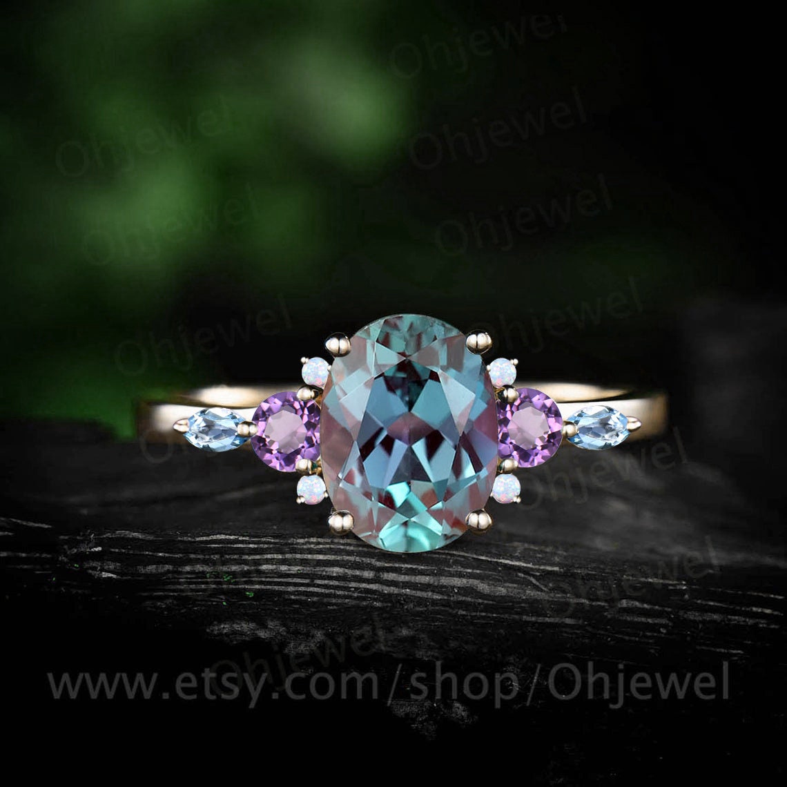 Oval Alexandrite engagement ring art deco cluster opal amethyst topaz ring rose gold gemstone ring dainty bridal ring women fine jewelry