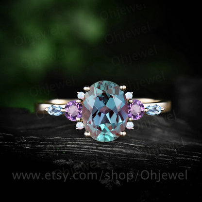 Oval Alexandrite engagement ring art deco cluster opal amethyst topaz ring rose gold gemstone ring dainty bridal ring women fine jewelry
