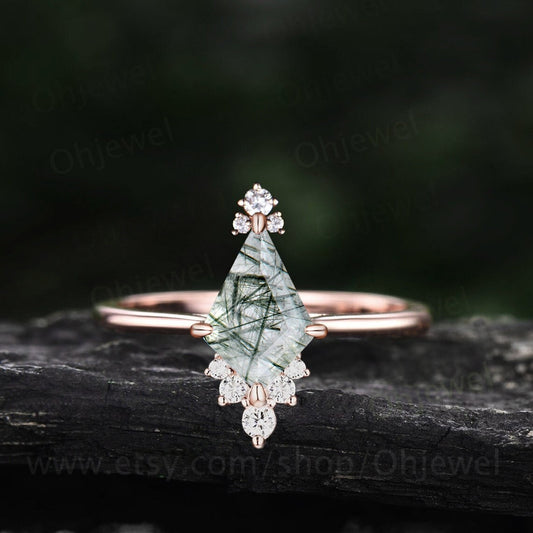 Vintage kite cut green rutilated quartz engagement ring solid rose gold Cathedral cluster diamond ring women dainty anniversary ring gift