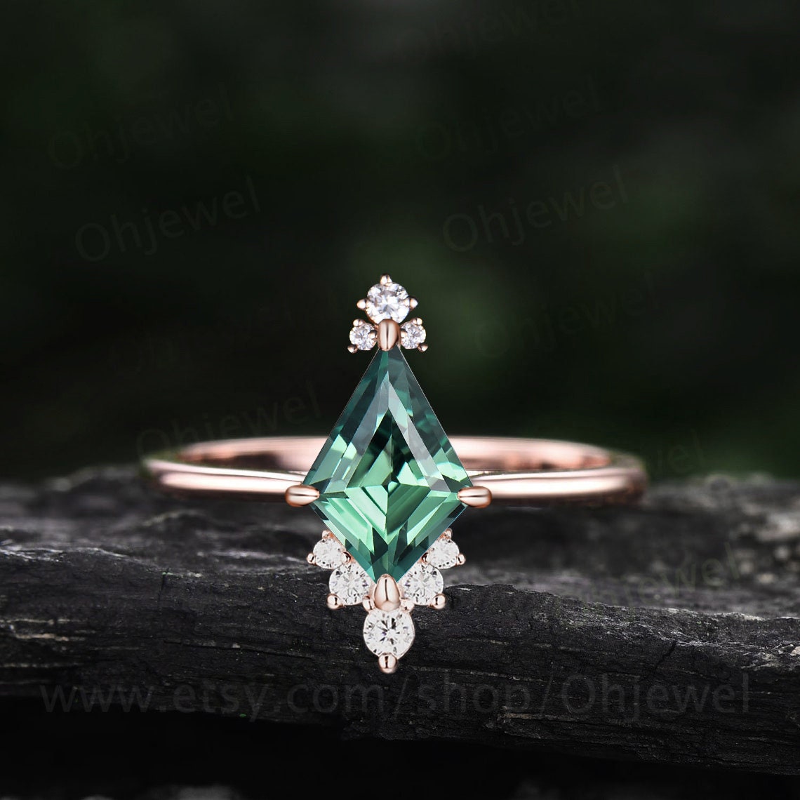 Kite cut green sapphire engagement ring 14k white gold cluster Cathedral diamond promise ring her dainty moissanite ring women fine jewelry