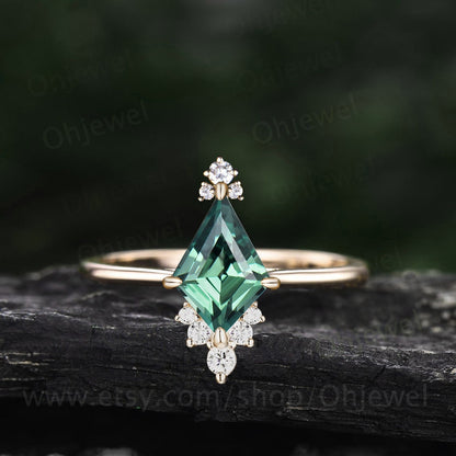 Kite cut green sapphire engagement ring 14k white gold cluster Cathedral diamond promise ring her dainty moissanite ring women fine jewelry