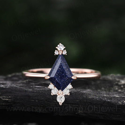 Kite cut blue sandstone engagement ring 14k rose gold cluster Cathedral diamond promise ring her dainty moissanite ring women fine jewelry