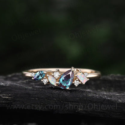 Cluster pear alexandrite ring rose gold art deco Baguette cut opal ring women dainty moissanite wedding band bridal anniversary ring gift