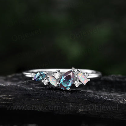 Cluster pear alexandrite ring rose gold art deco Baguette cut opal ring women dainty moissanite wedding band bridal anniversary ring gift