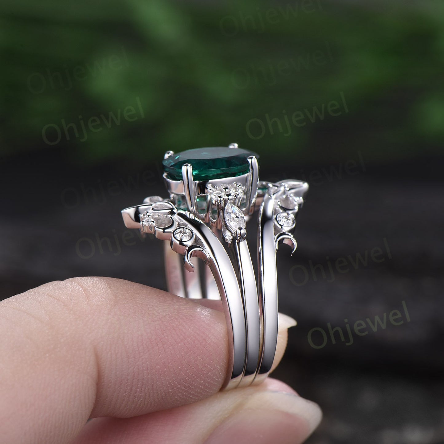 8x10mm oval cut Emerald engagement ring set solid 14k white gold Celtic knot diamond ring vintage fine jewelry stacking bridal set women