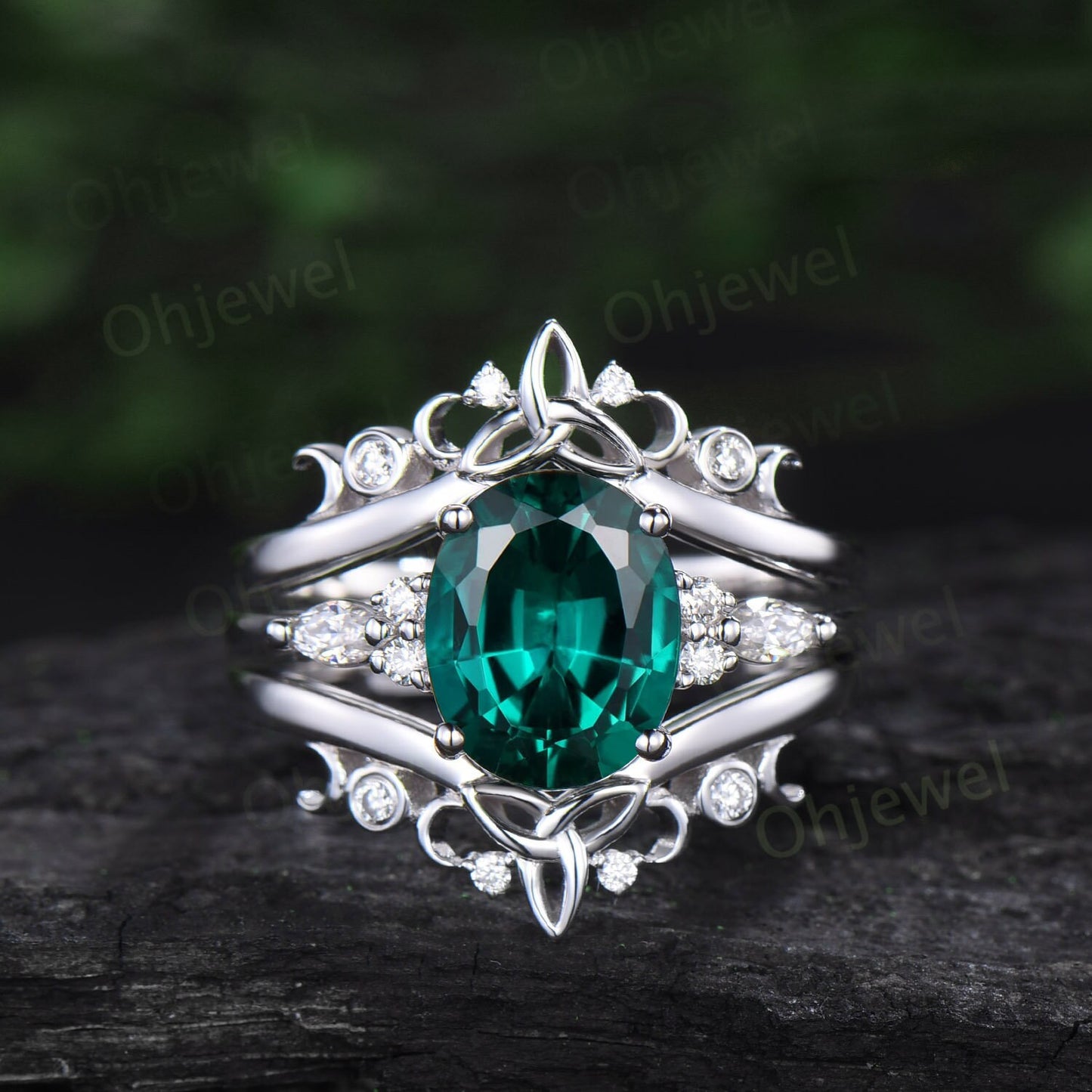 8x10mm oval cut Emerald engagement ring set solid 14k white gold Celtic knot diamond ring vintage fine jewelry stacking bridal set women