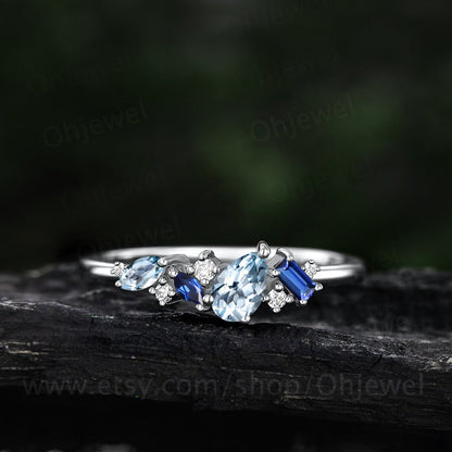 Dainty pear Aquamarine ring vintage art deco Baguette cut sapphire ring unique cluster wedding band rose gold moissanite anniversary gift