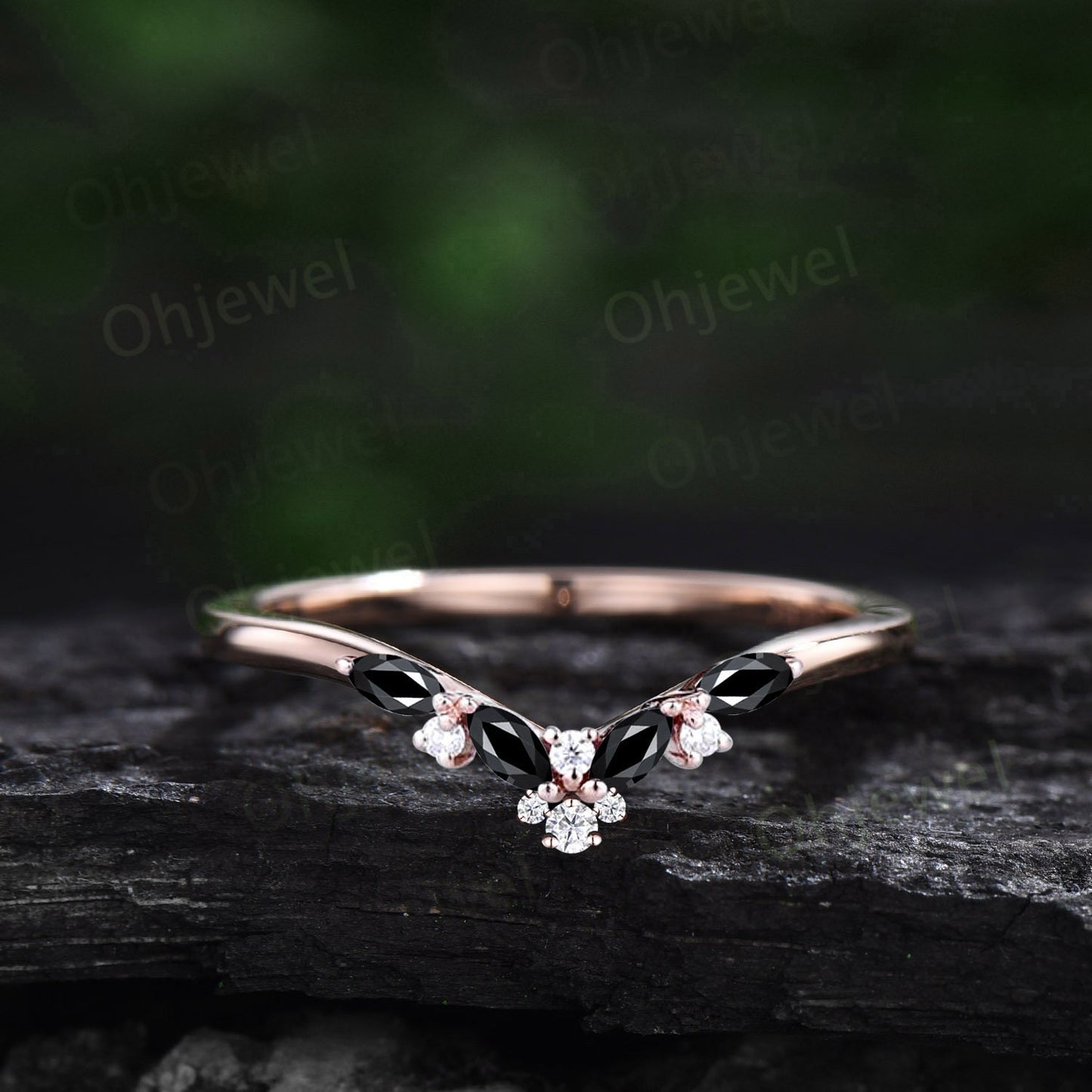 Vintage oval black rutilated quartz engagement ring set rose gold marquise black spinel ring women moissanite wedding bridal ring set gift